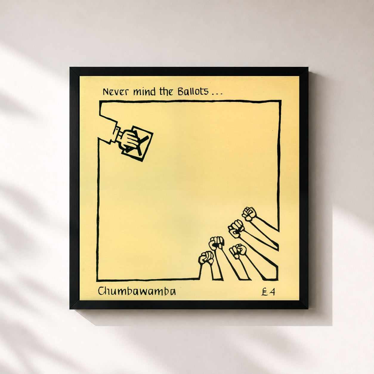 #noir Tableau carré de l'album Never Mind The Ballots de Chumbawamba, cadre noir 32x32 cm