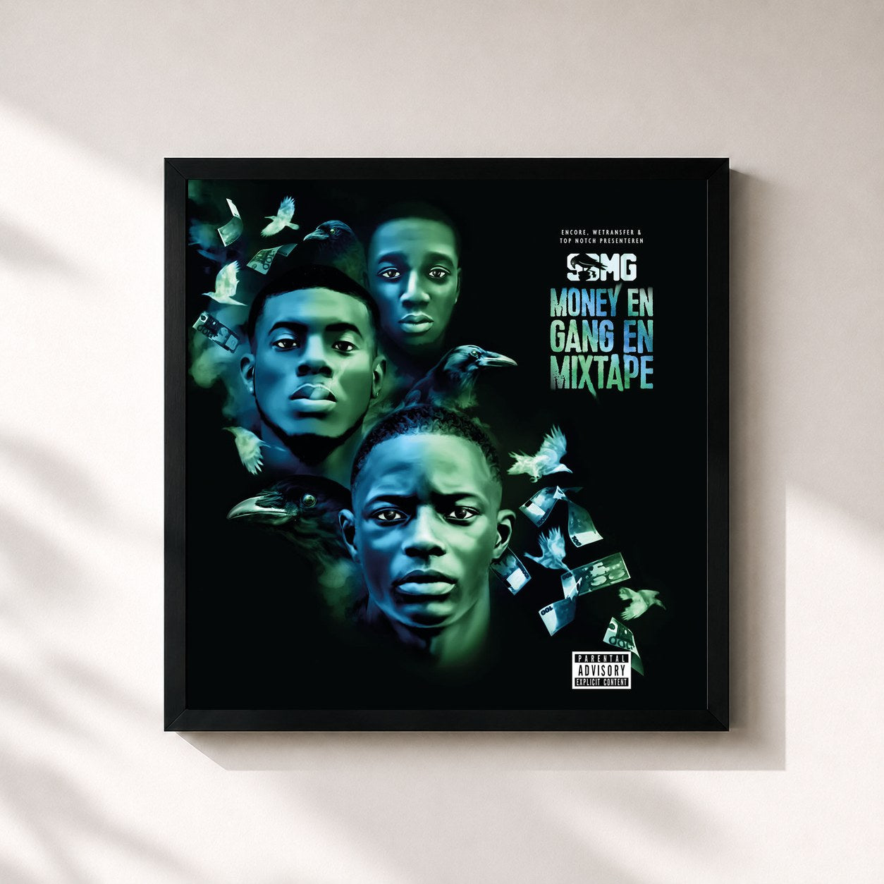 #noir Tableau carré de l'album Money En Gang En Mixtape de SBMG, cadre noir 32x32 cm