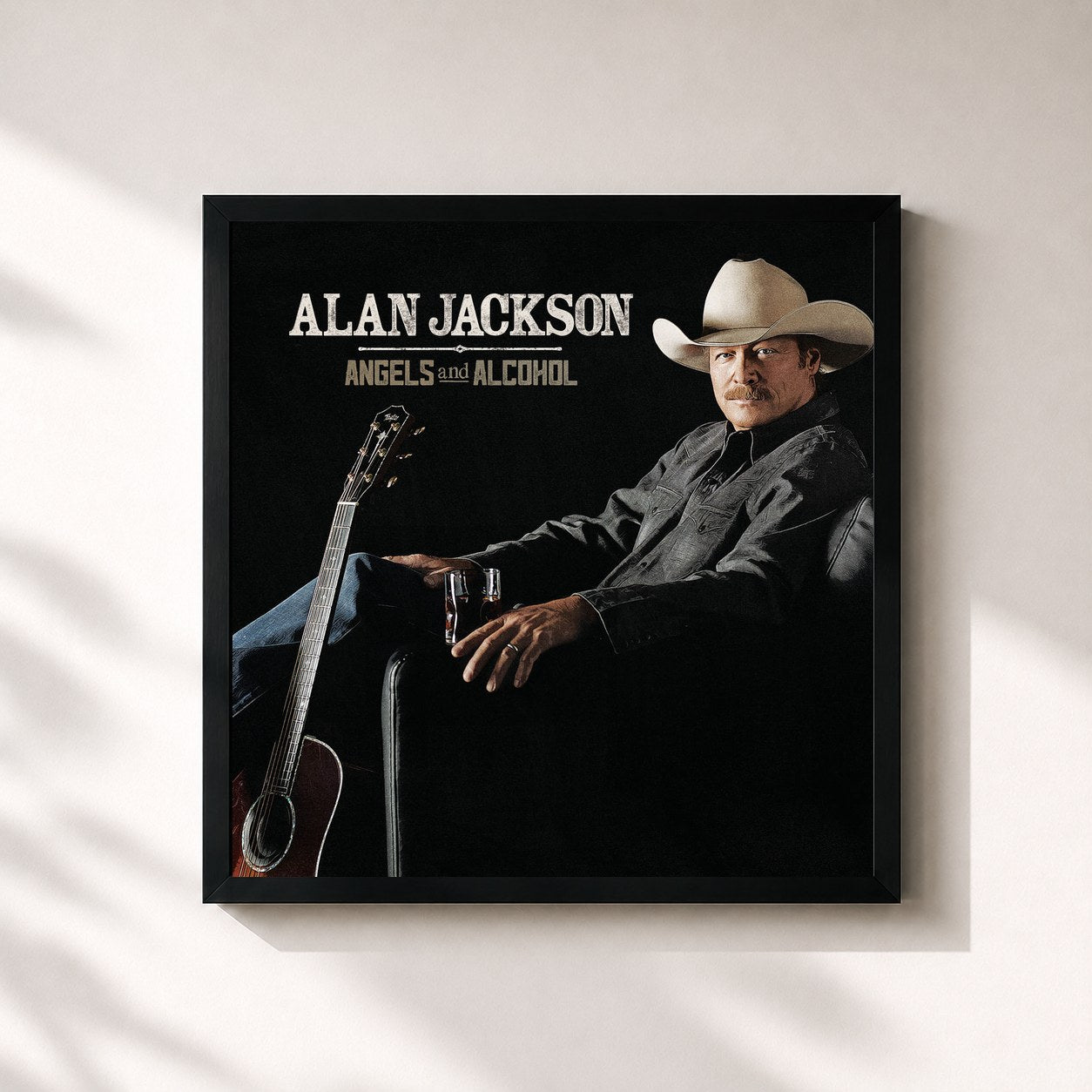 #noir Tableau carré de l'album Angels And Alcohol de Alan Jackson, cadre noir 32x32 cm
