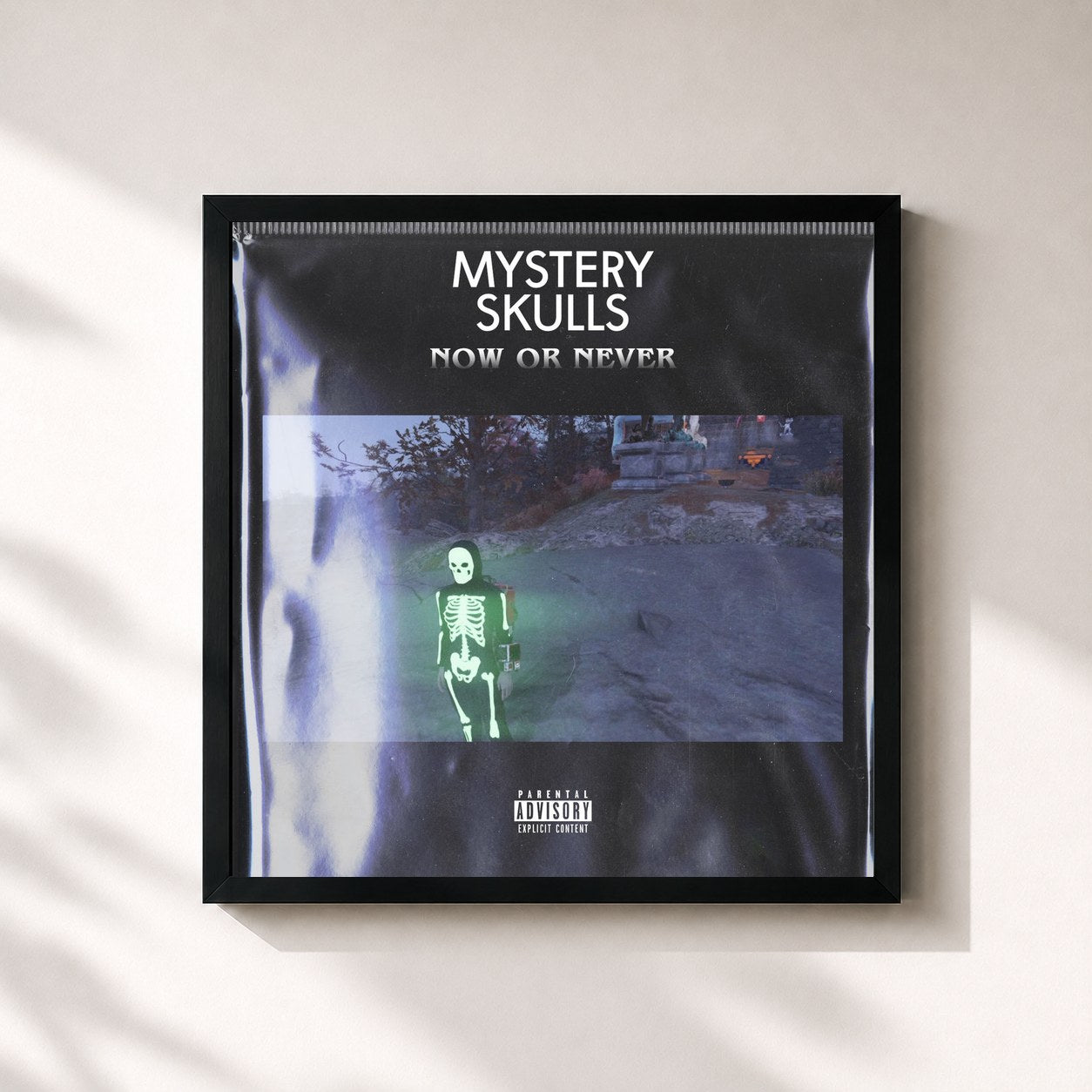 #noir Tableau carré de l'album Now Or Never de Mystery Skulls, cadre noir 32x32 cm