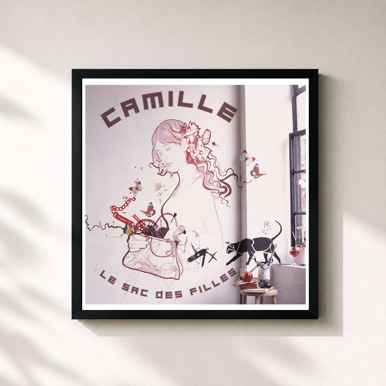 #noir Tableau carré de l'album Le sac des filles de Camille, cadre noir 32x32 cm