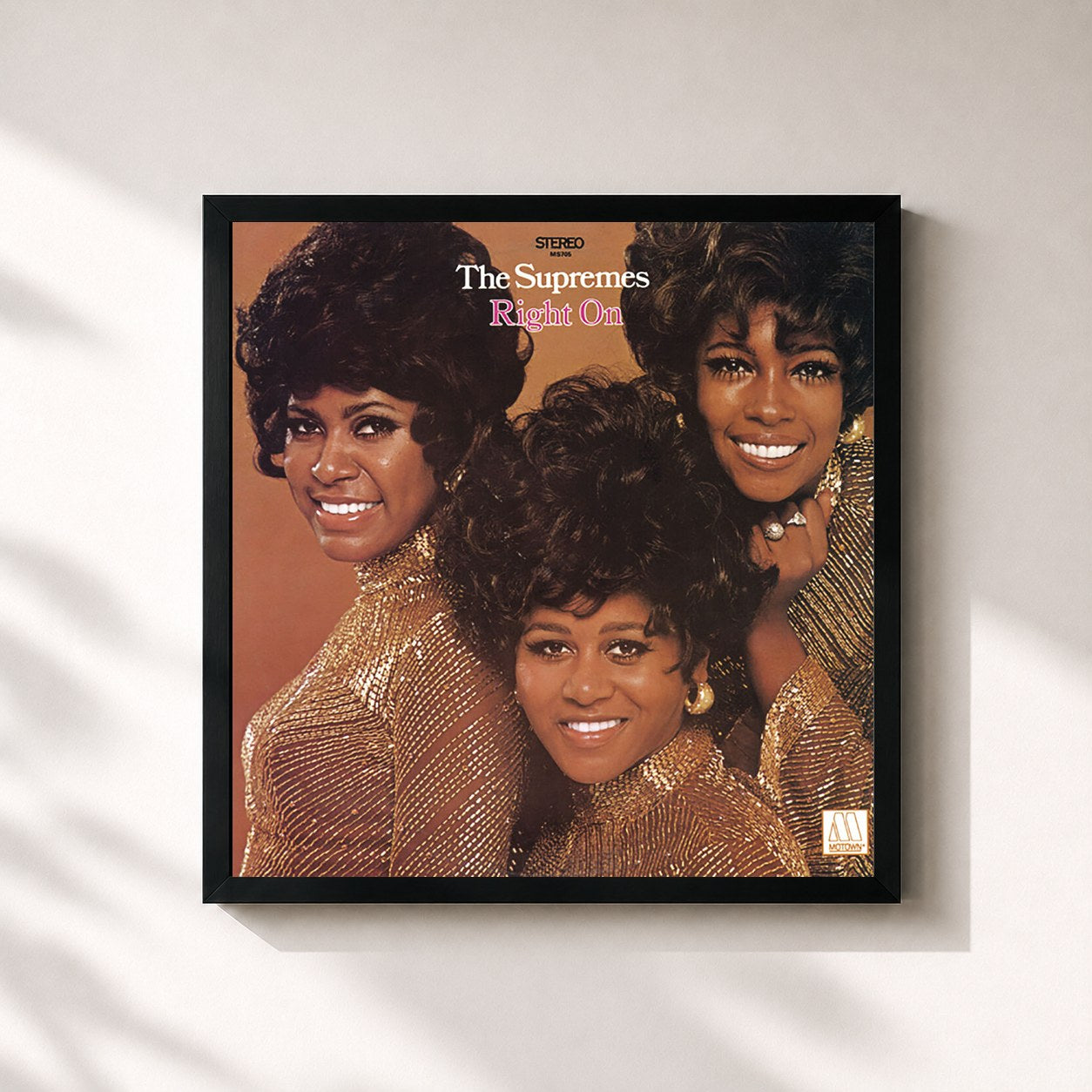 #noir Tableau carré de l'album Right On de The Supremes, cadre noir 32x32 cm