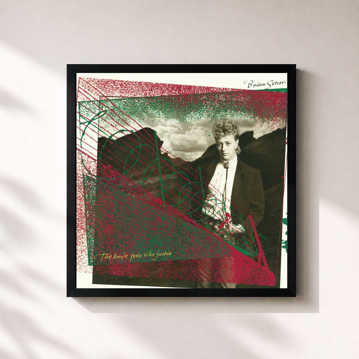 #noir Tableau carré de l'album The Knife Feels Like Justice de Brian Setzer, cadre noir 32x32 cm