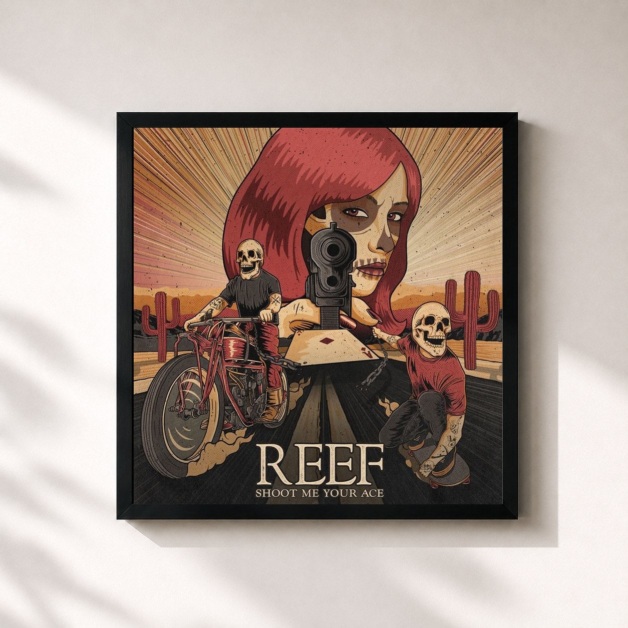 #noir Tableau carré de l'album Shoot Me Your Ace de Reef, cadre noir 32x32 cm