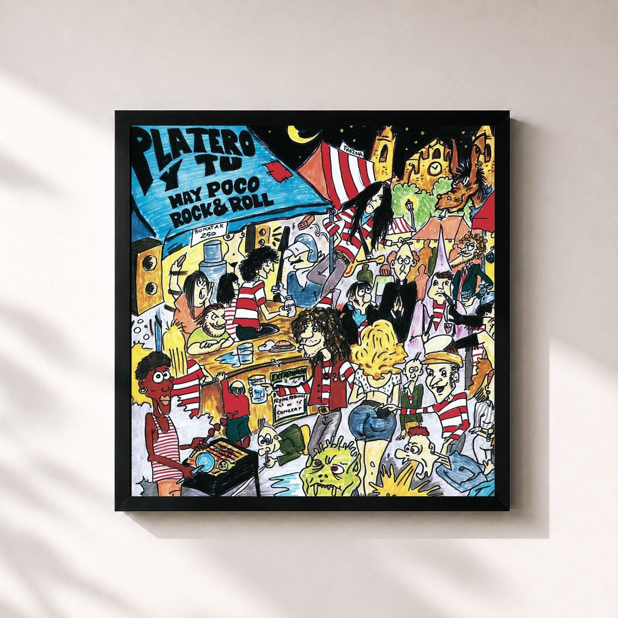 #noir Tableau carré de l'album Hay poco Rock'n'Roll de Platero y tú, cadre noir 32x32 cm