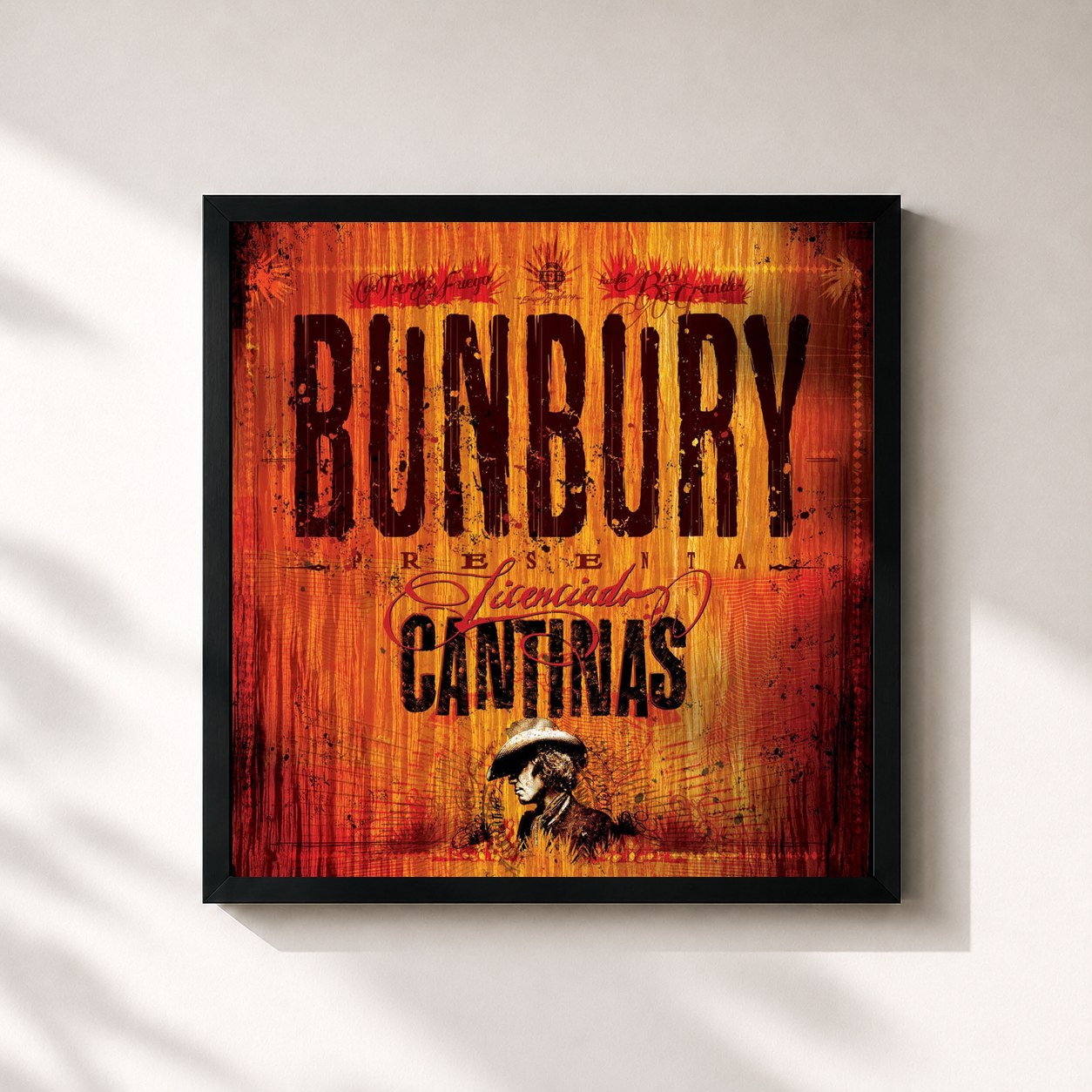#noir Tableau carré de l'album Licenciado cantinas de Bunbury, cadre noir 32x32 cm