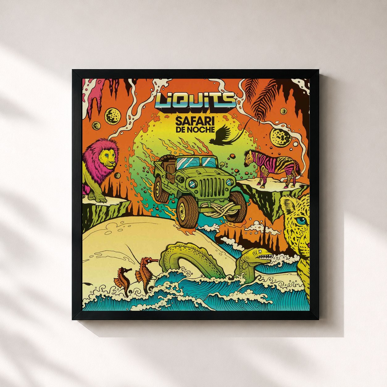 #noir Tableau carré de l'album Safari de Noche de Liquits, cadre noir 32x32 cm