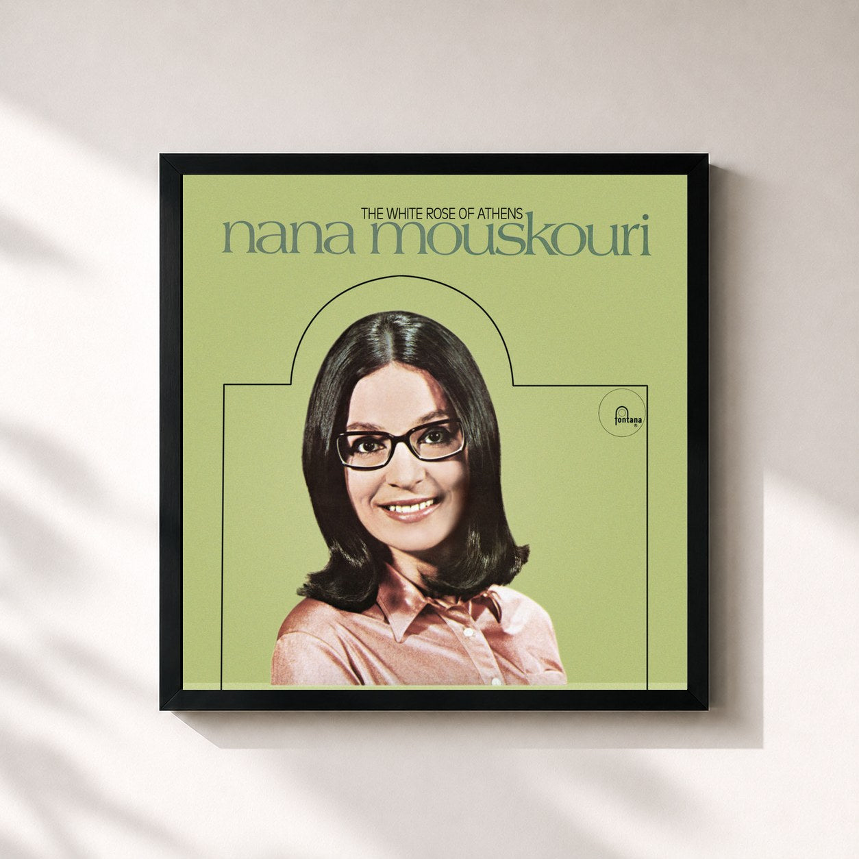 #noir Tableau carré de l'album The White Rose Of Athens de Nana Mouskouri, cadre noir 32x32 cm