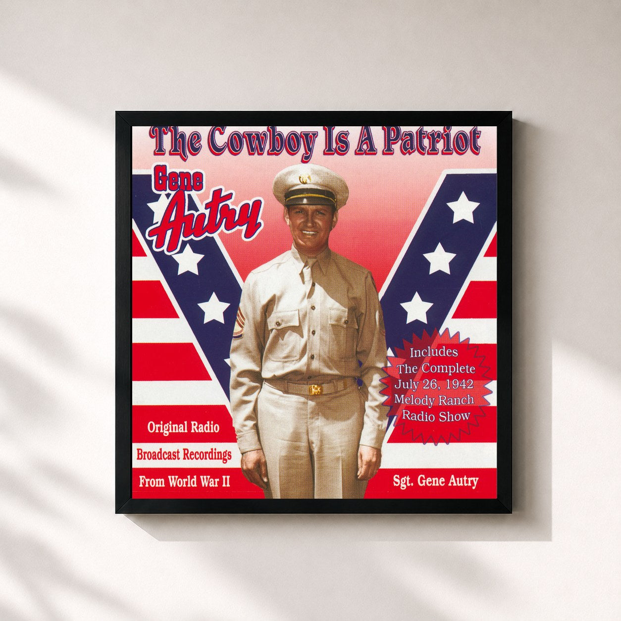 #noir Tableau carré de l'album The Cowboy Is A Patriot (Original Radio Broadcast Recordings From World War 2) de Gene Autry, cadre noir 32x32 cm
