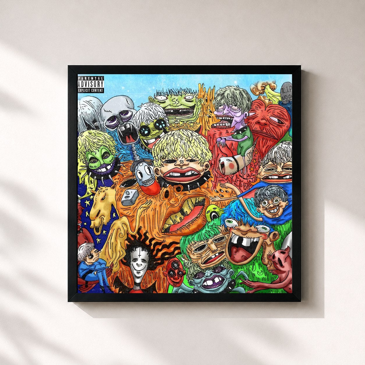 #noir Tableau carré de l'album Bad Trip Camp de Rojuu, cadre noir 32x32 cm