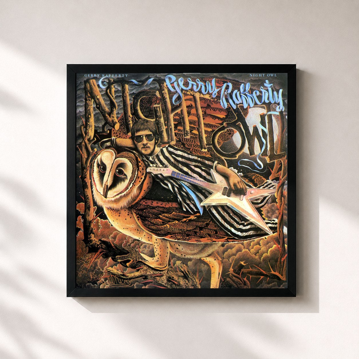 #noir Tableau carré de l'album Night Owl de Gerry Rafferty, cadre noir 32x32 cm