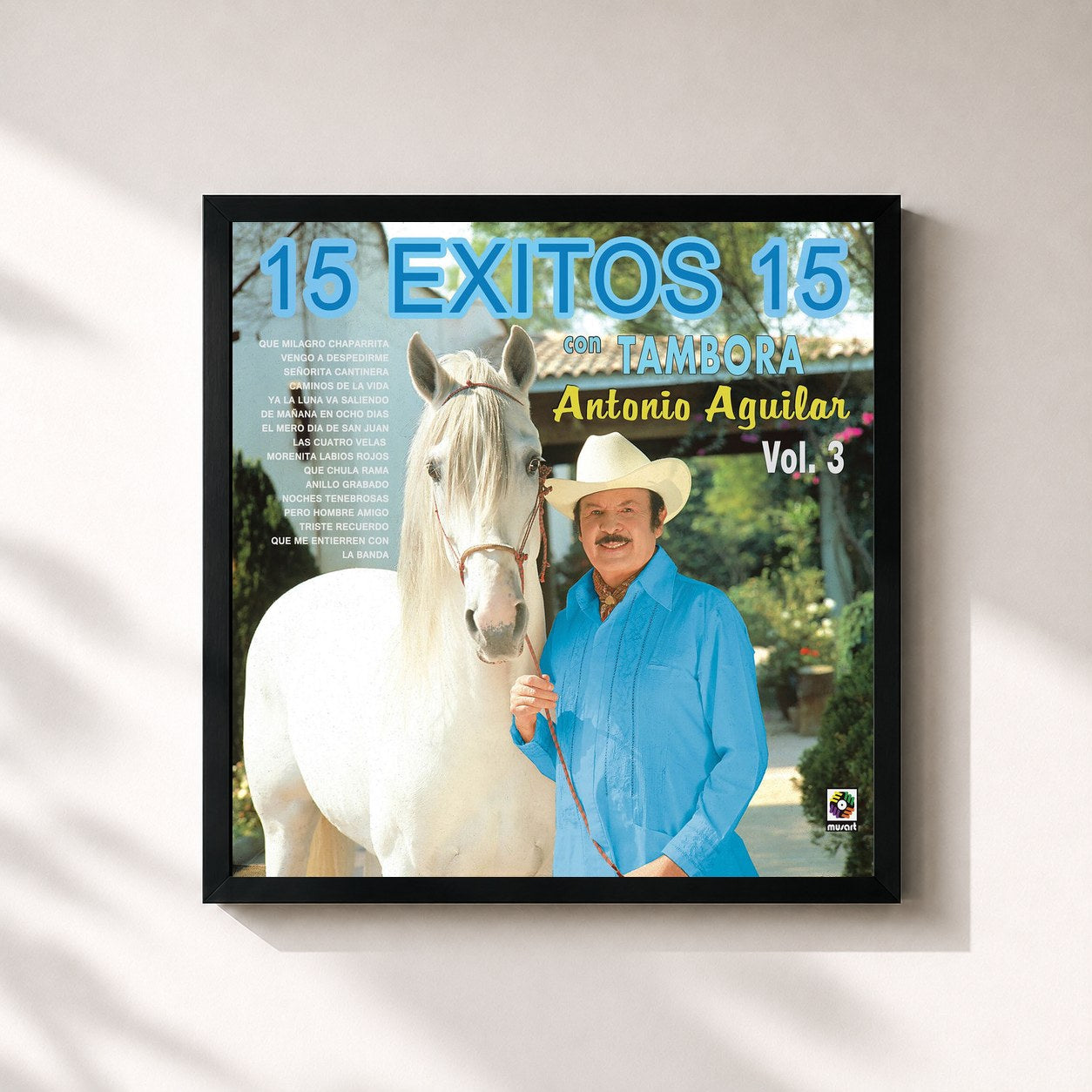 #noir Tableau carré de l'album 15 Éxitos 15 con Tambora Vol. 3 de Antonio Aguilar, cadre noir 32x32 cm