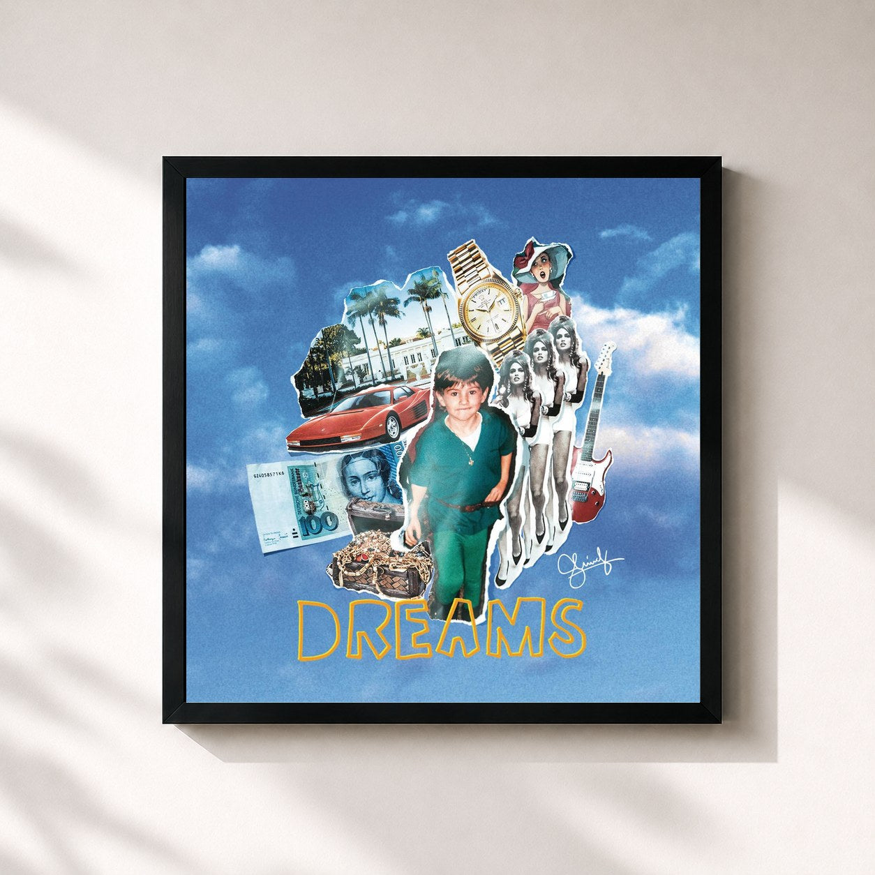 #noir Tableau carré de l'album DREAMS de Shindy, cadre noir 32x32 cm