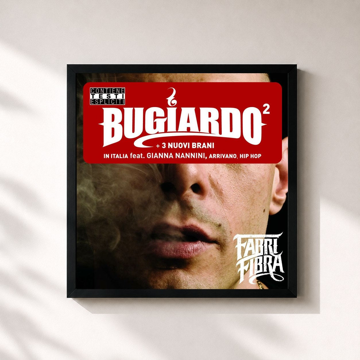 #noir Tableau carré de l'album Bugiardo de Fabri Fibra, cadre noir 32x32 cm