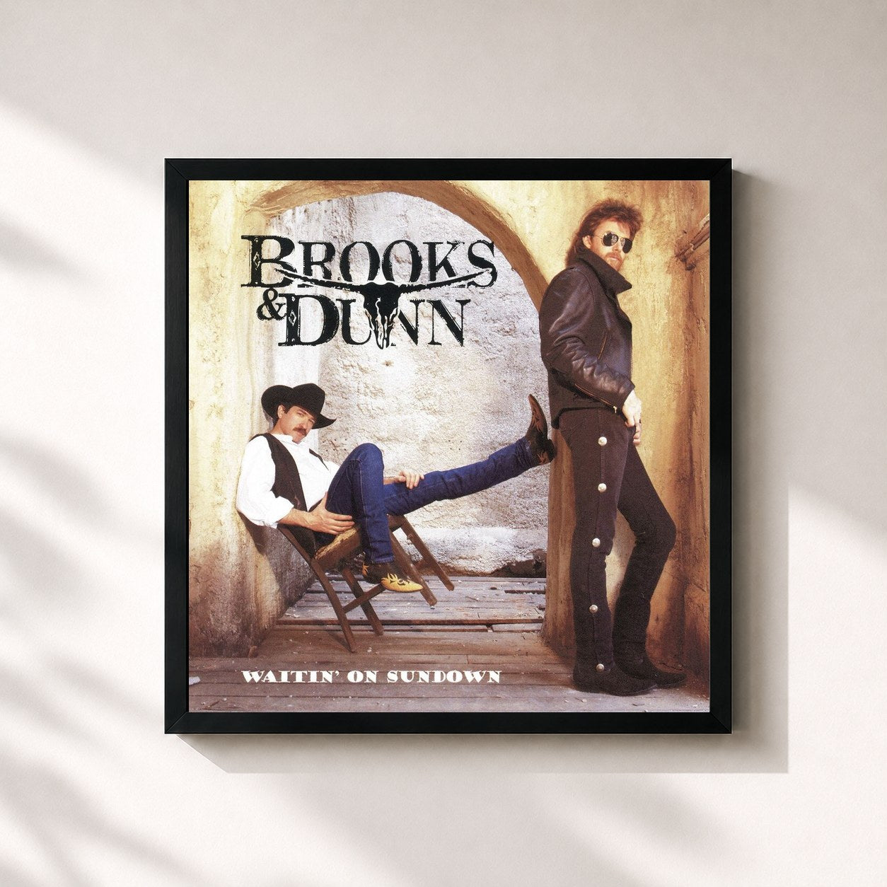 #noir Tableau carré de l'album Waitin' On Sundown de Brooks & Dunn, cadre noir 32x32 cm