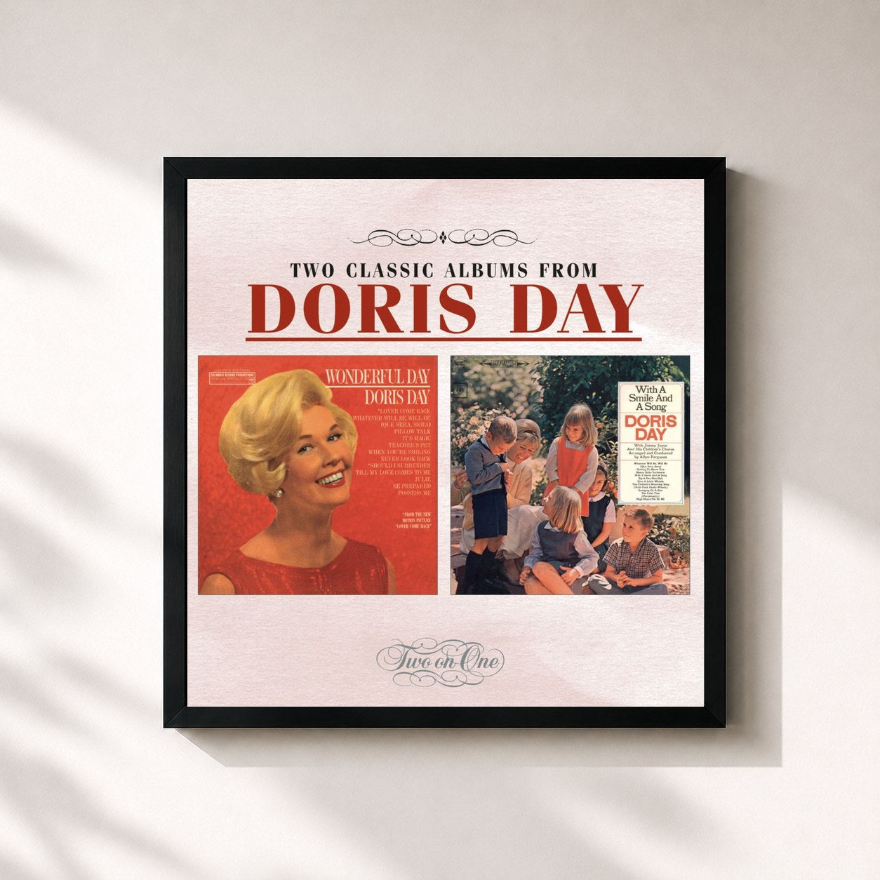 #noir Tableau carré de l'album Wonderful Day / With A Smile And A Song de Doris Day, cadre noir 32x32 cm