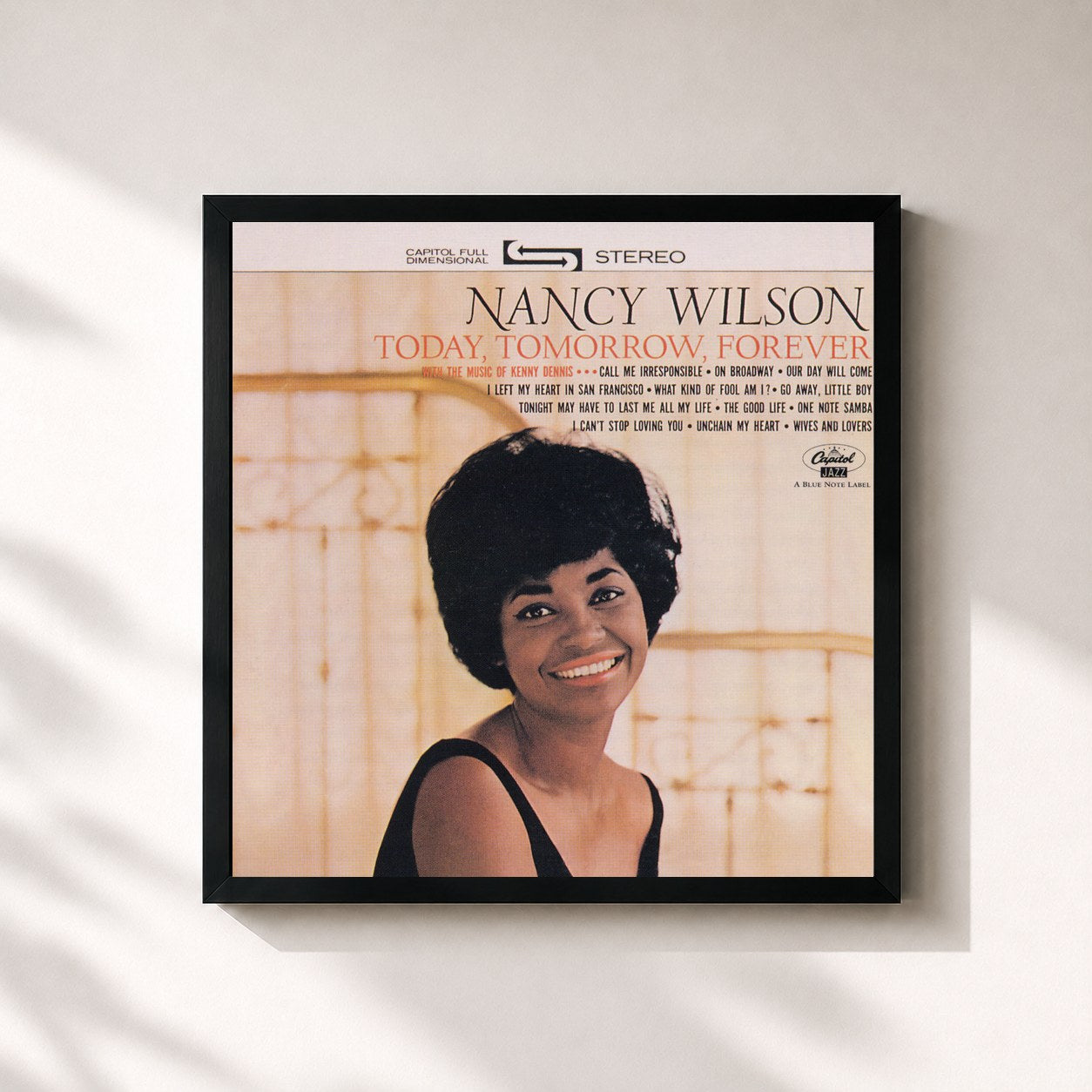 #noir Tableau carré de l'album Today, Tomorrow, Forever de Nancy Wilson, cadre noir 32x32 cm