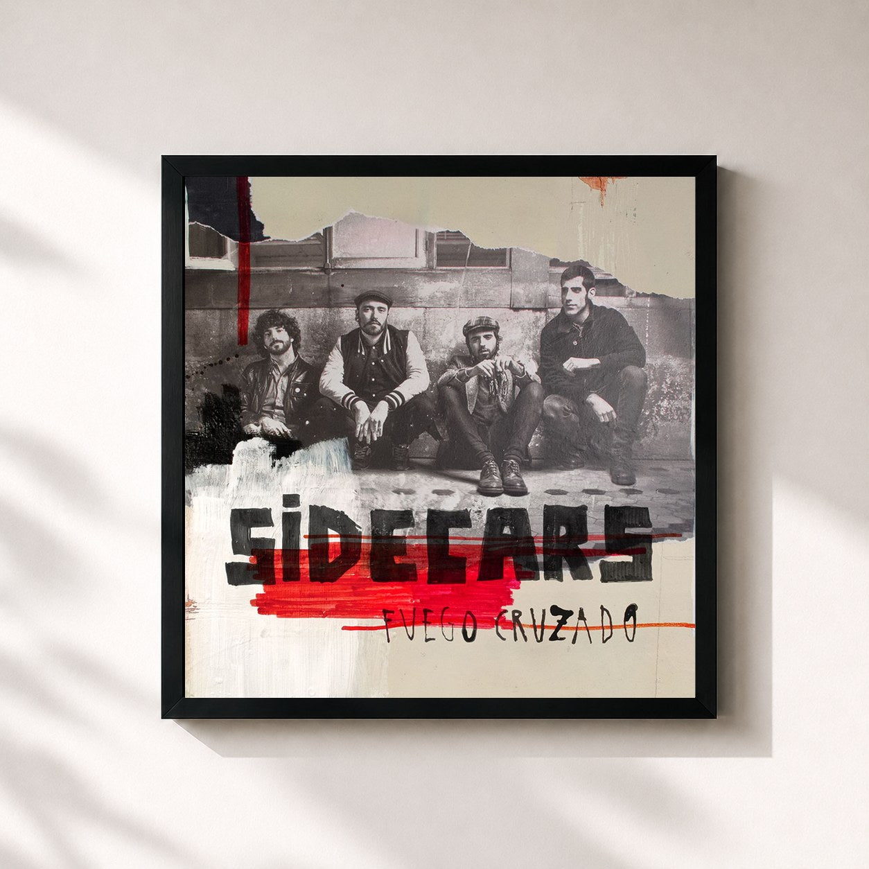 #noir Tableau carré de l'album Fuego cruzado de Sidecars, cadre noir 32x32 cm