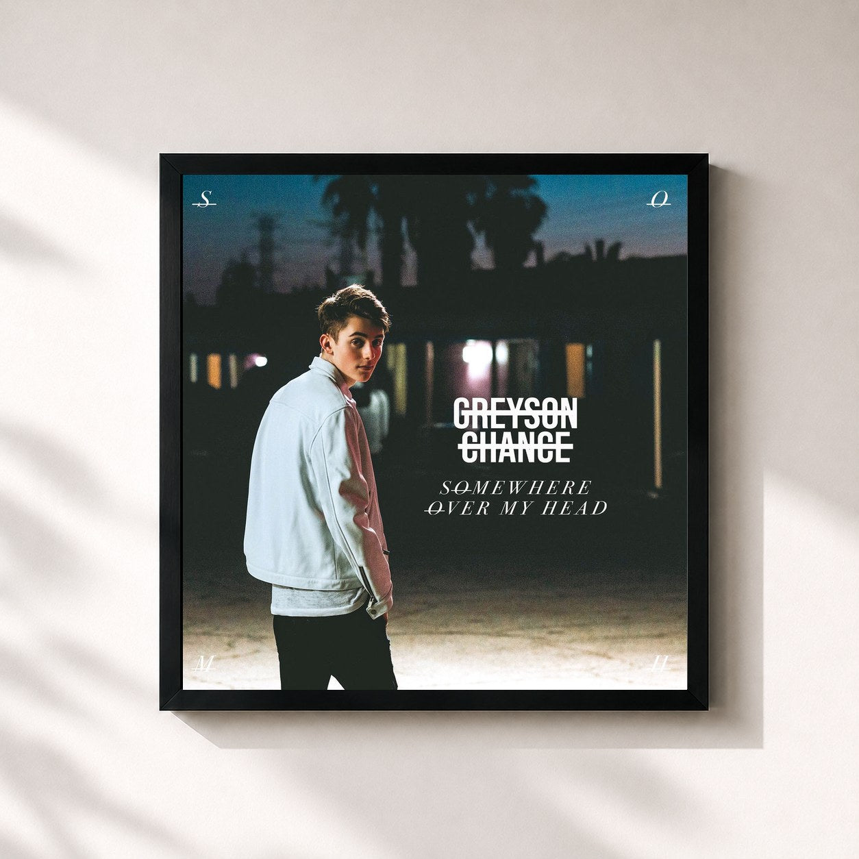 #noir Tableau carré de l'album Somewhere over My Head de Greyson Chance, cadre noir 32x32 cm