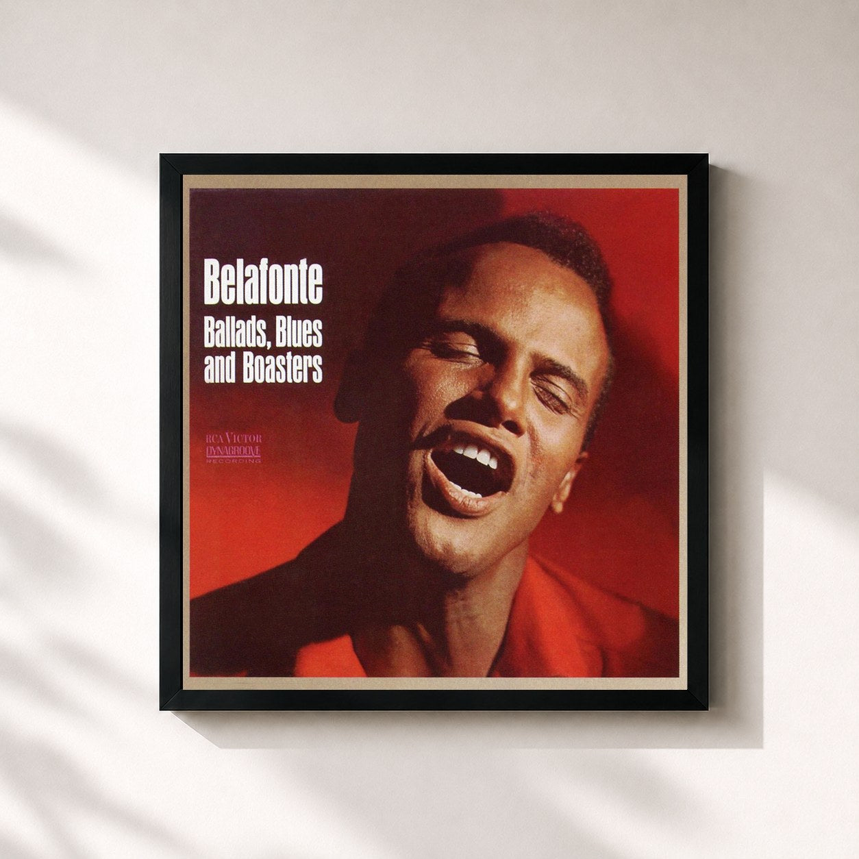 #noir Tableau carré de l'album Ballads, Blues & Boasters de Harry Belafonte, cadre noir 32x32 cm