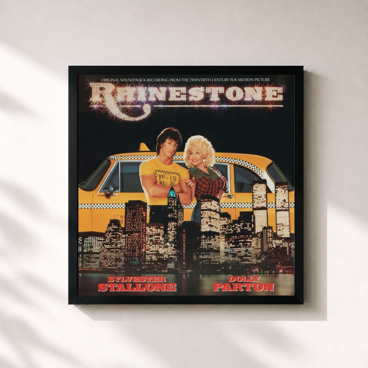 #noir Tableau carré de l'album Rhinestone (Soundtrack) de Dolly Parton, cadre noir 32x32 cm