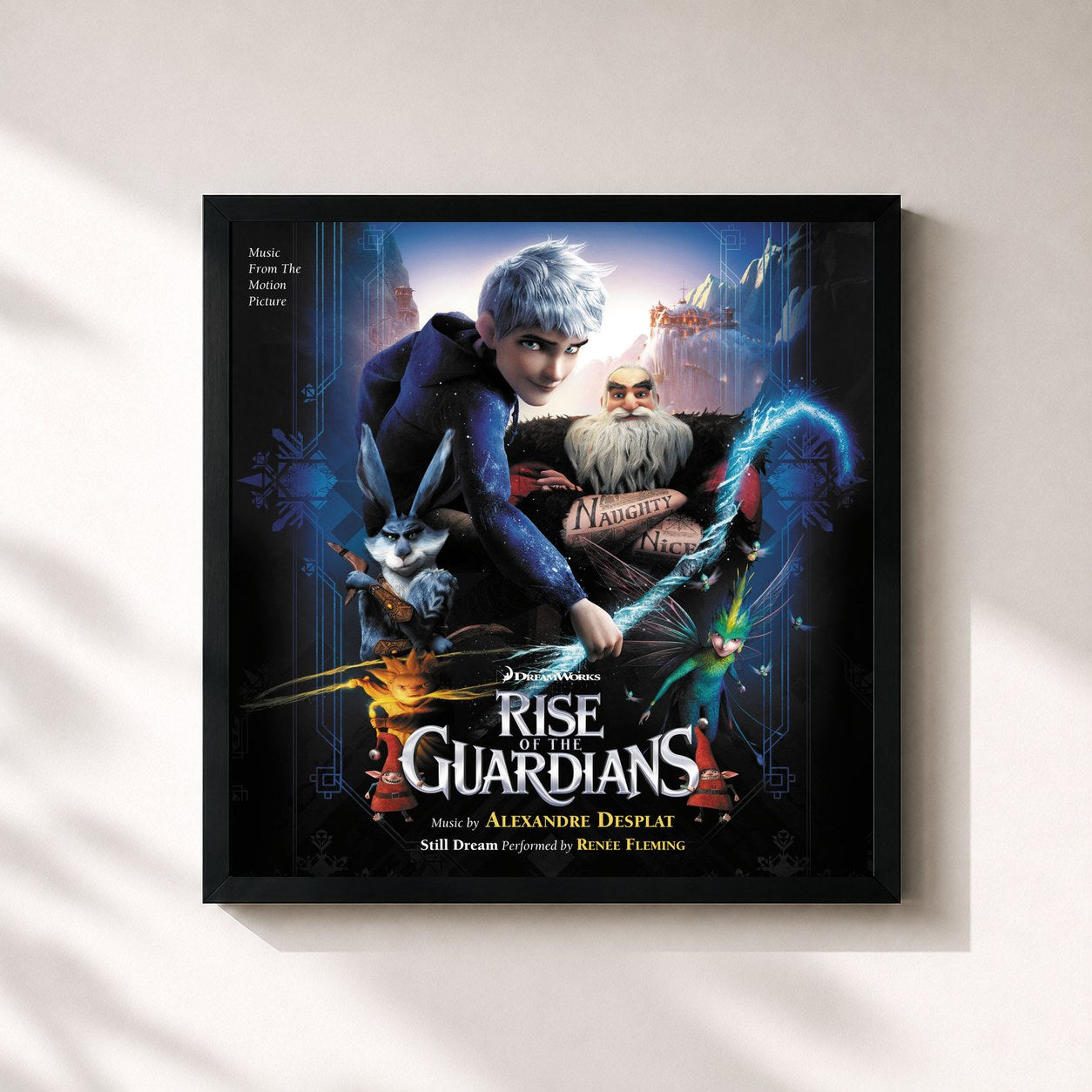 #noir Tableau carré de l'album Rise Of The Guardians de Alexandre Desplat, cadre noir 32x32 cm