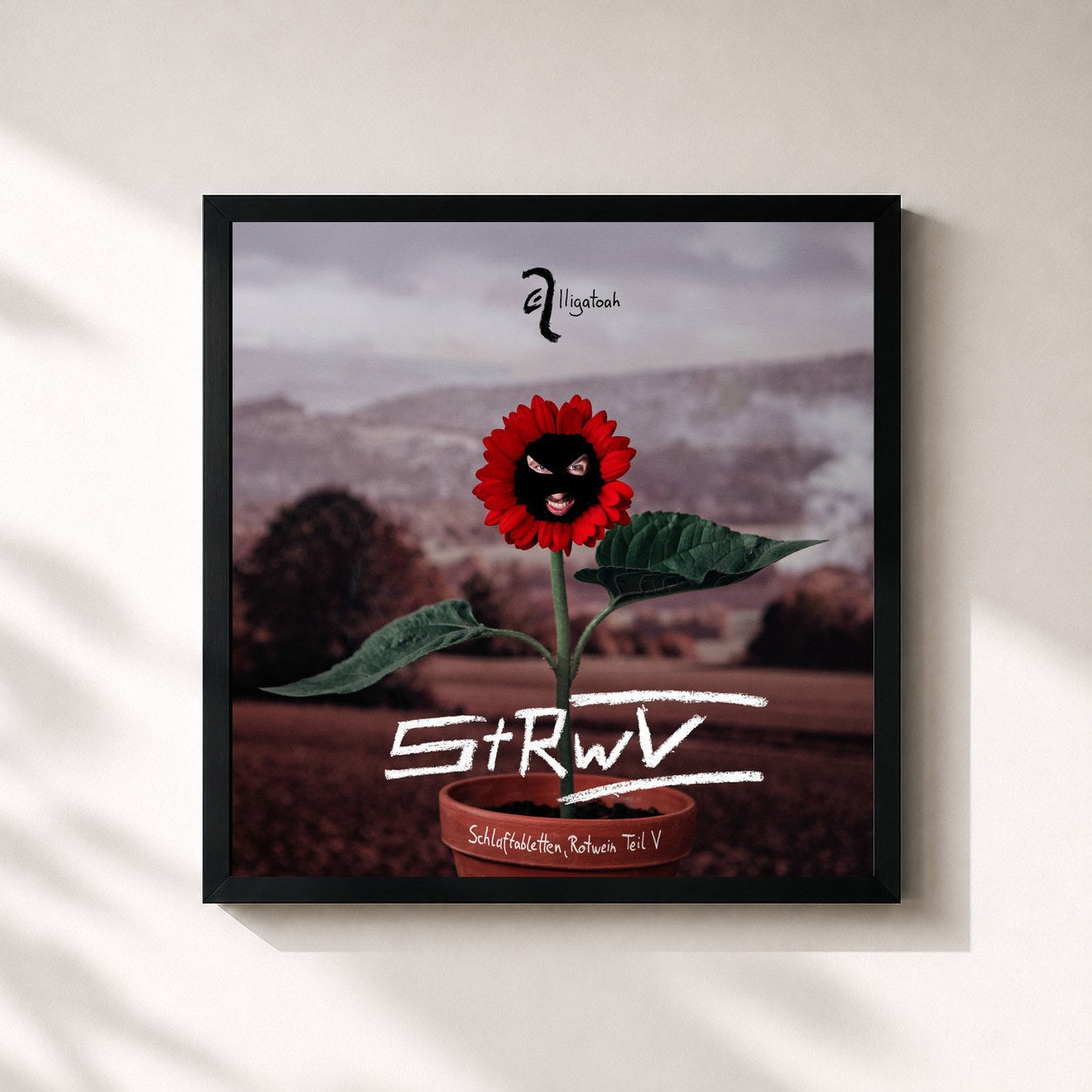 #noir Tableau carré de l'album Schlaftabletten, Rotwein V de Alligatoah, cadre noir 32x32 cm