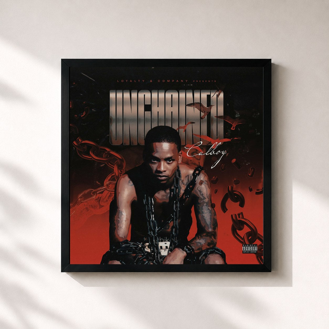 #noir Tableau carré de l'album UNCHAINED de Calboy, cadre noir 32x32 cm