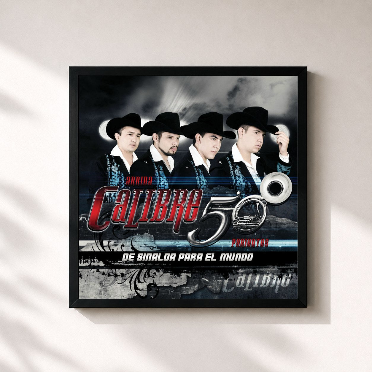 #noir Tableau carré de l'album De Sinaloa Para El Mundo de Calibre 50, cadre noir 32x32 cm