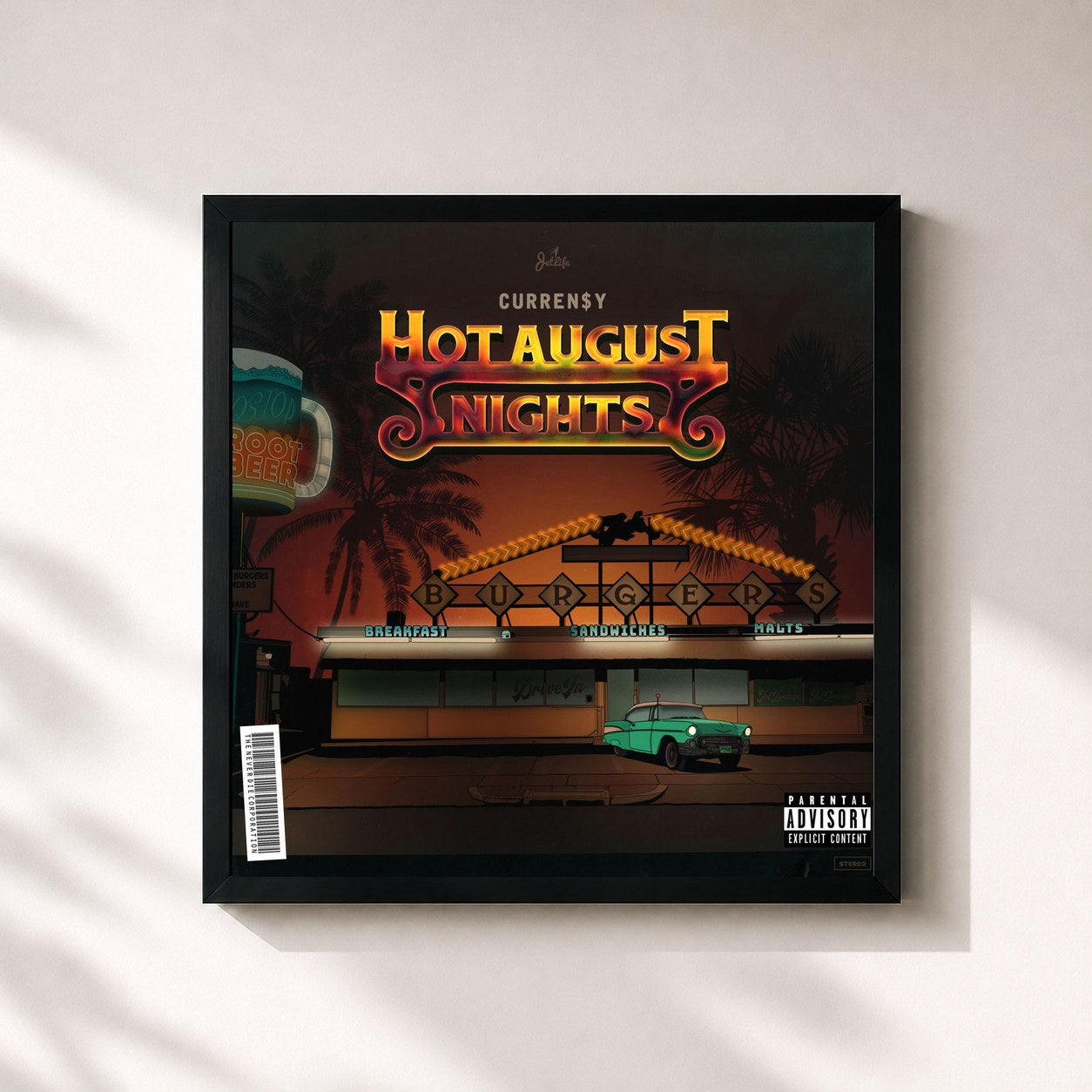 #noir Tableau carré de l'album Hot August Nights de Curren$y, cadre noir 32x32 cm