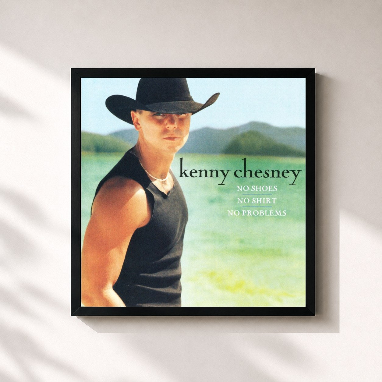#noir Tableau carré de l'album No Shoes, No Shirt, No Problems de Kenny Chesney, cadre noir 32x32 cm