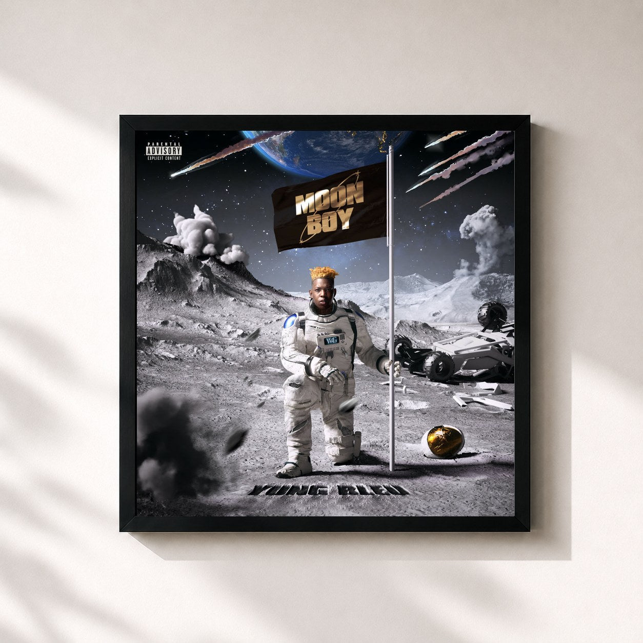 #noir Tableau carré de l'album Moon Boy de Yung Bleu, cadre noir 32x32 cm