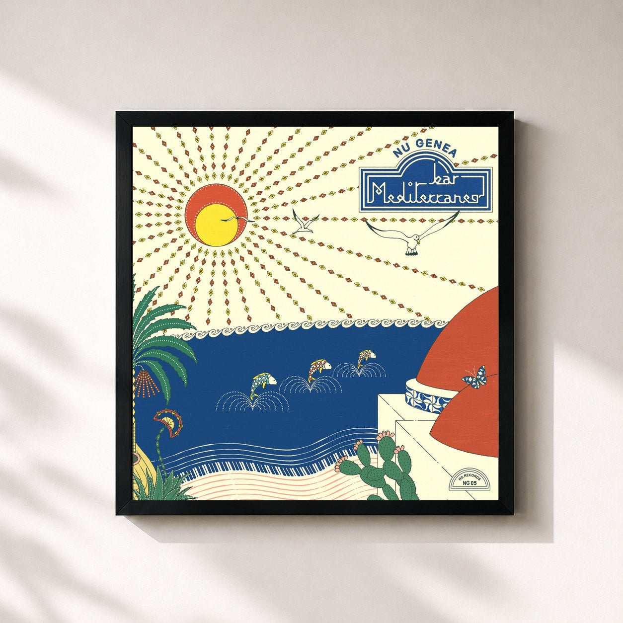 #noir Tableau carré de l'album Bar Mediterraneo de Nu Genea, cadre noir 32x32 cm