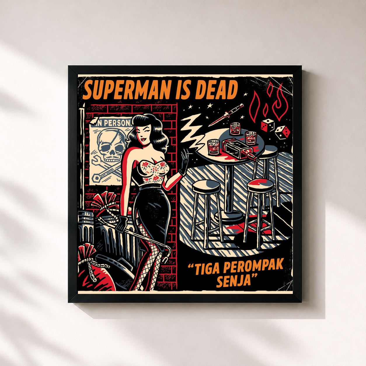 #noir Tableau carré de l'album Tiga Perompak Senja de Superman Is Dead, cadre noir 32x32 cm