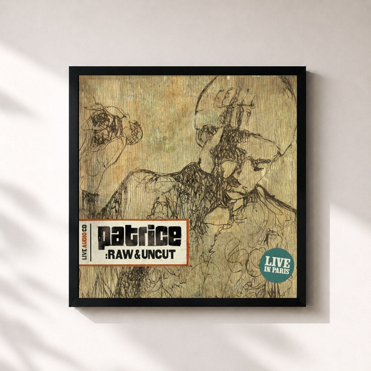 #noir Tableau carré de l'album RAW & UNCUT de Patrice, cadre noir 32x32 cm
