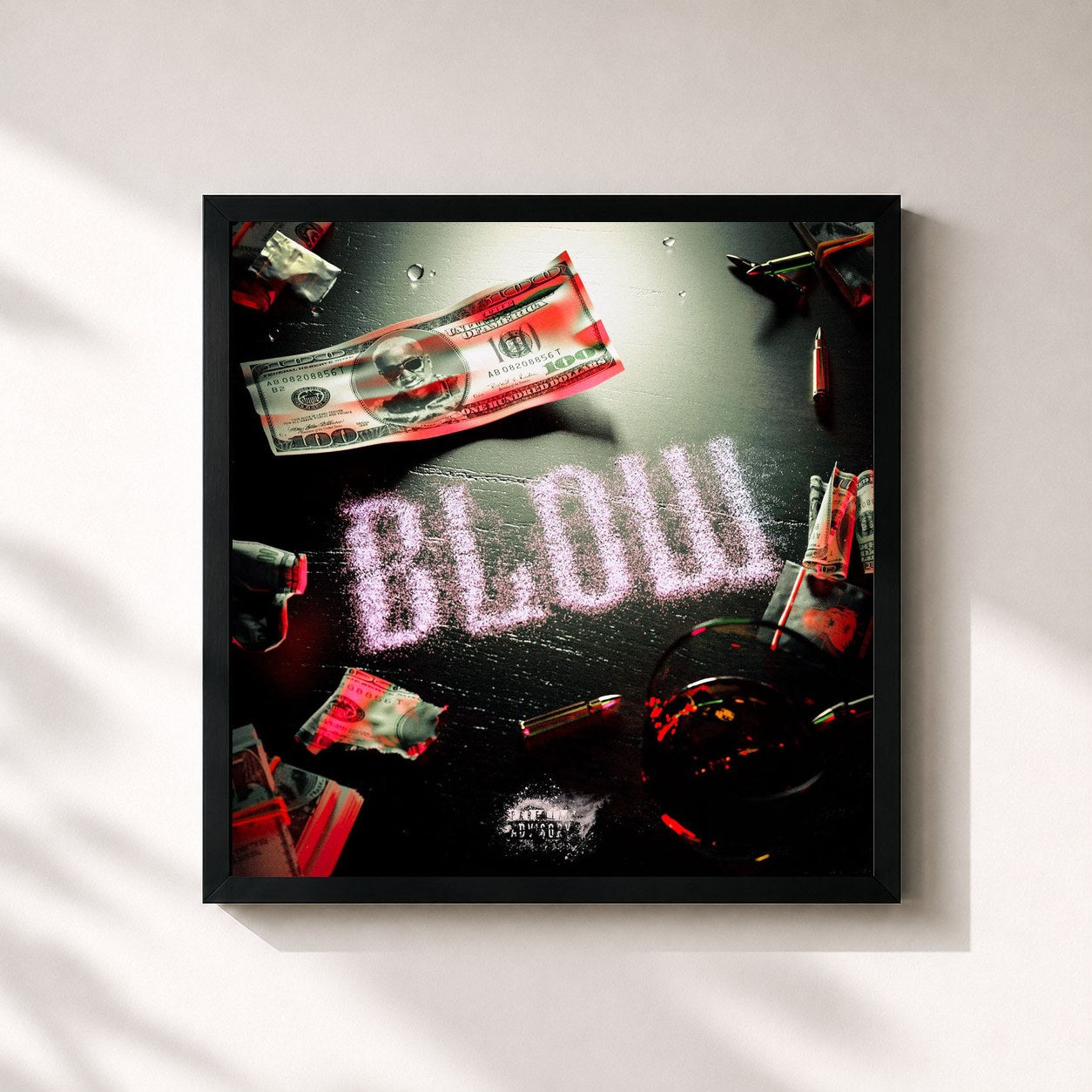 #noir Tableau carré de l'album Blow de 100 Blaze, cadre noir 32x32 cm