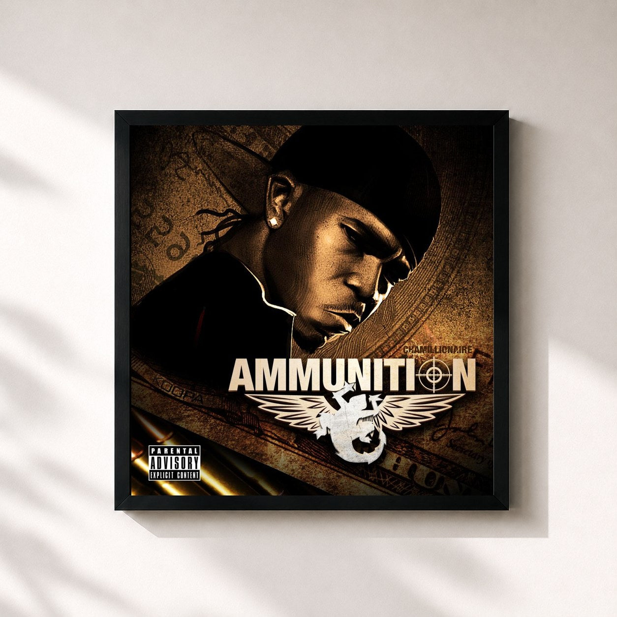 #noir Tableau carré de l'album Ammunition de Chamillionaire, cadre noir 32x32 cm
