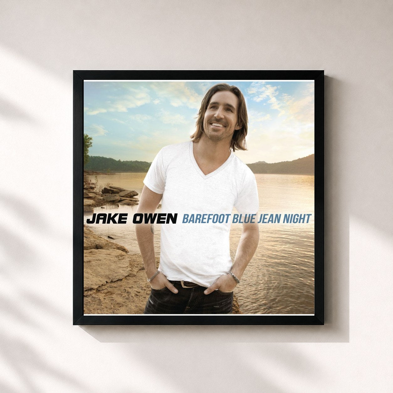 #noir Tableau carré de l'album Barefoot Blue Jean Night de Jake Owen, cadre noir 32x32 cm