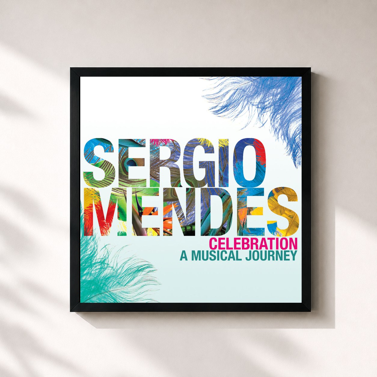 #noir Tableau carré de l'album Celebration: A Musical Journey de Sergio Mendes, cadre noir 32x32 cm