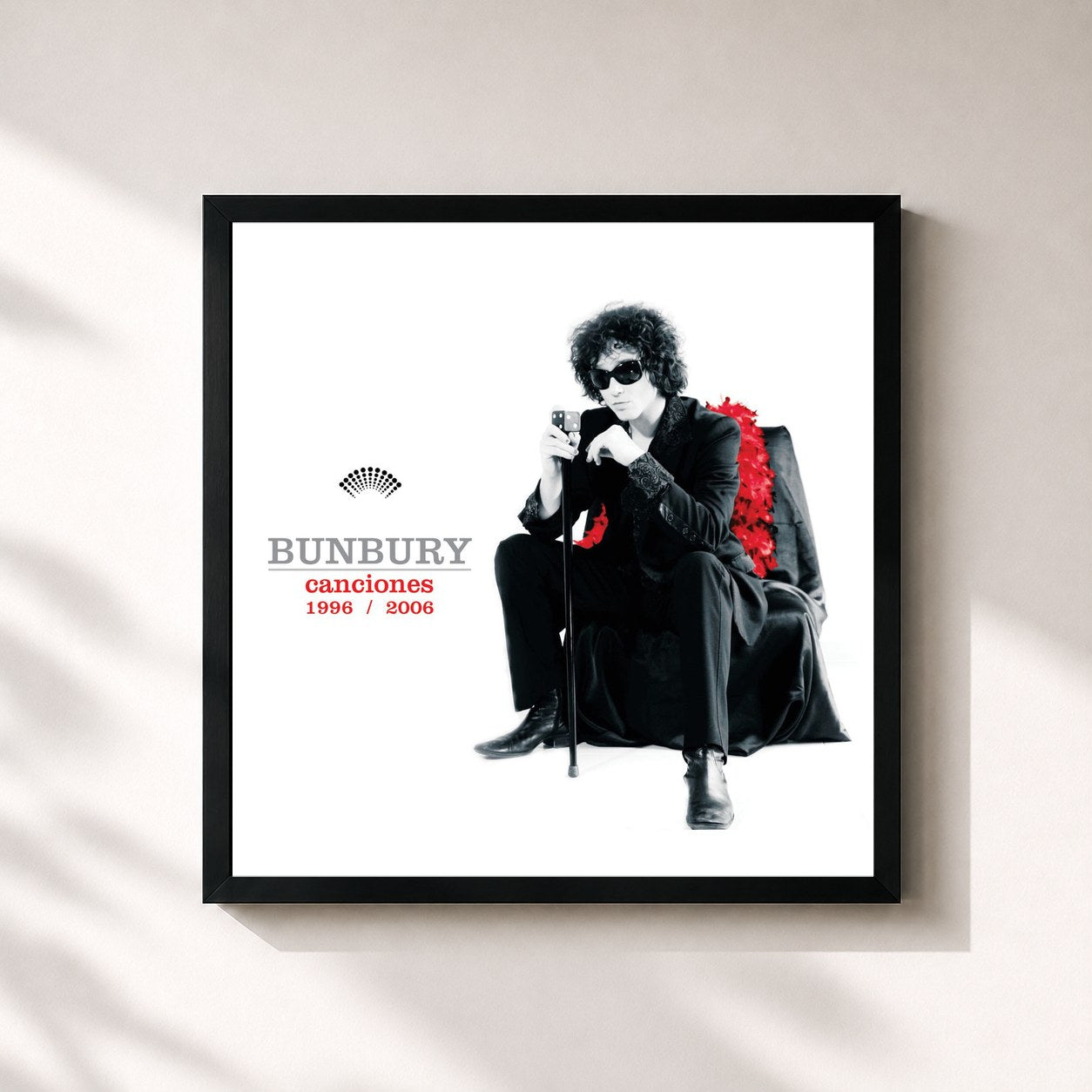 #noir Tableau carré de l'album Canciones 96-06 de Bunbury, cadre noir 32x32 cm