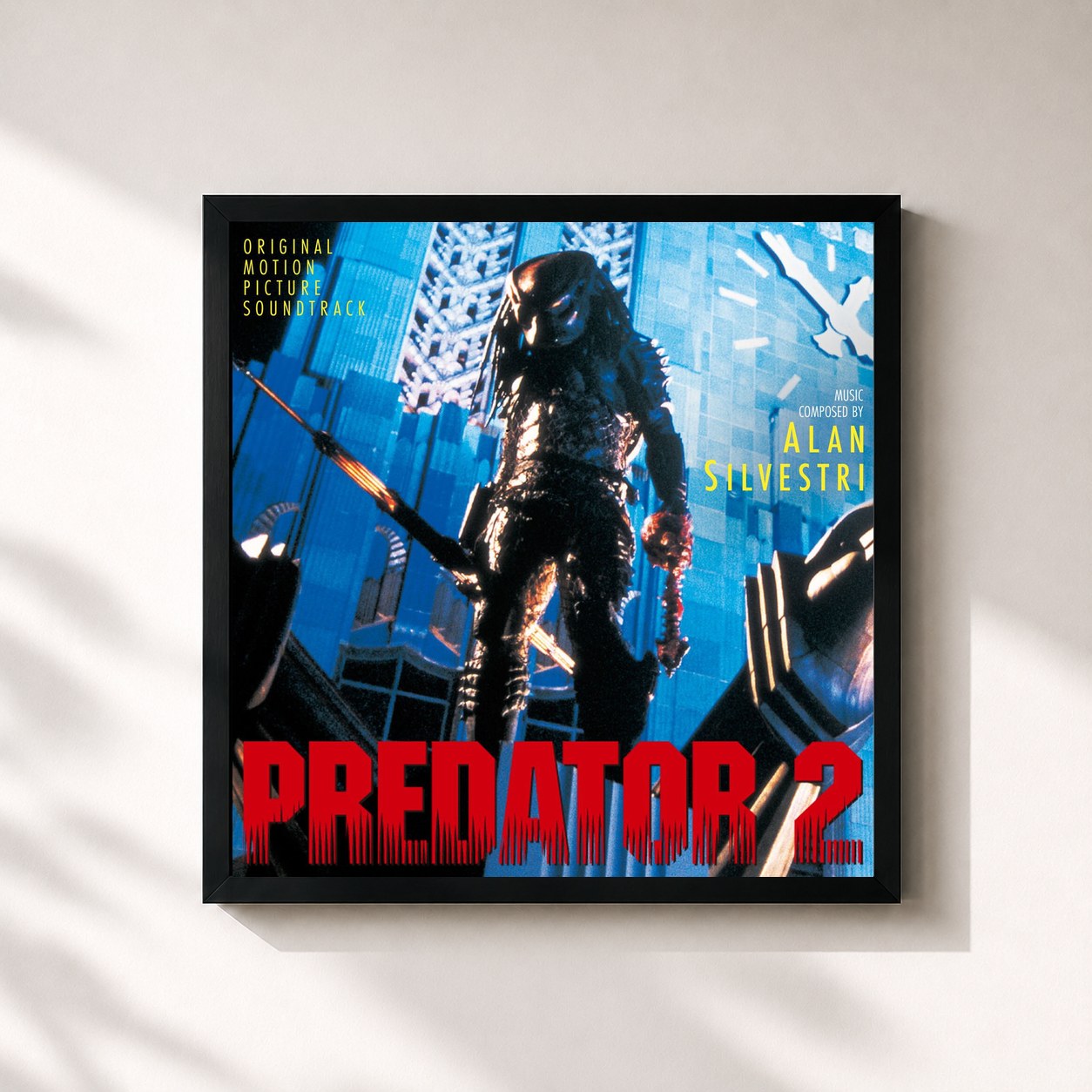 #noir Tableau carré de l'album Predator 2 (Original Motion Picture Soundtrack) de Alan Silvestri, cadre noir 32x32 cm