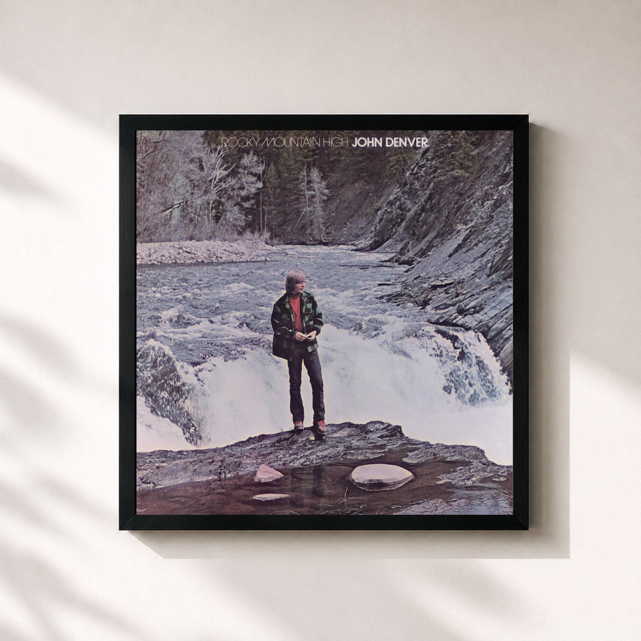 #noir Tableau carré de l'album Rocky Mountain High de John Denver, cadre noir 32x32 cm
