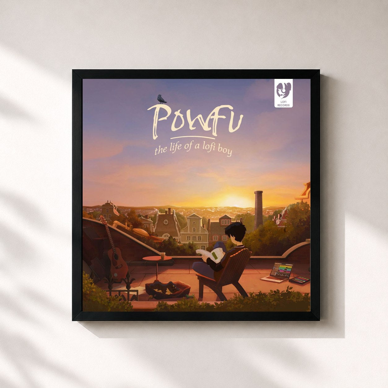 #noir Tableau carré de l'album the life of a lofi boy de Powfu, cadre noir 32x32 cm