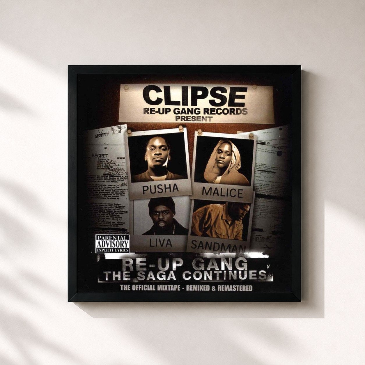 #noir Tableau carré de l'album Re-Up Gang The Saga Continues de Clipse, cadre noir 32x32 cm