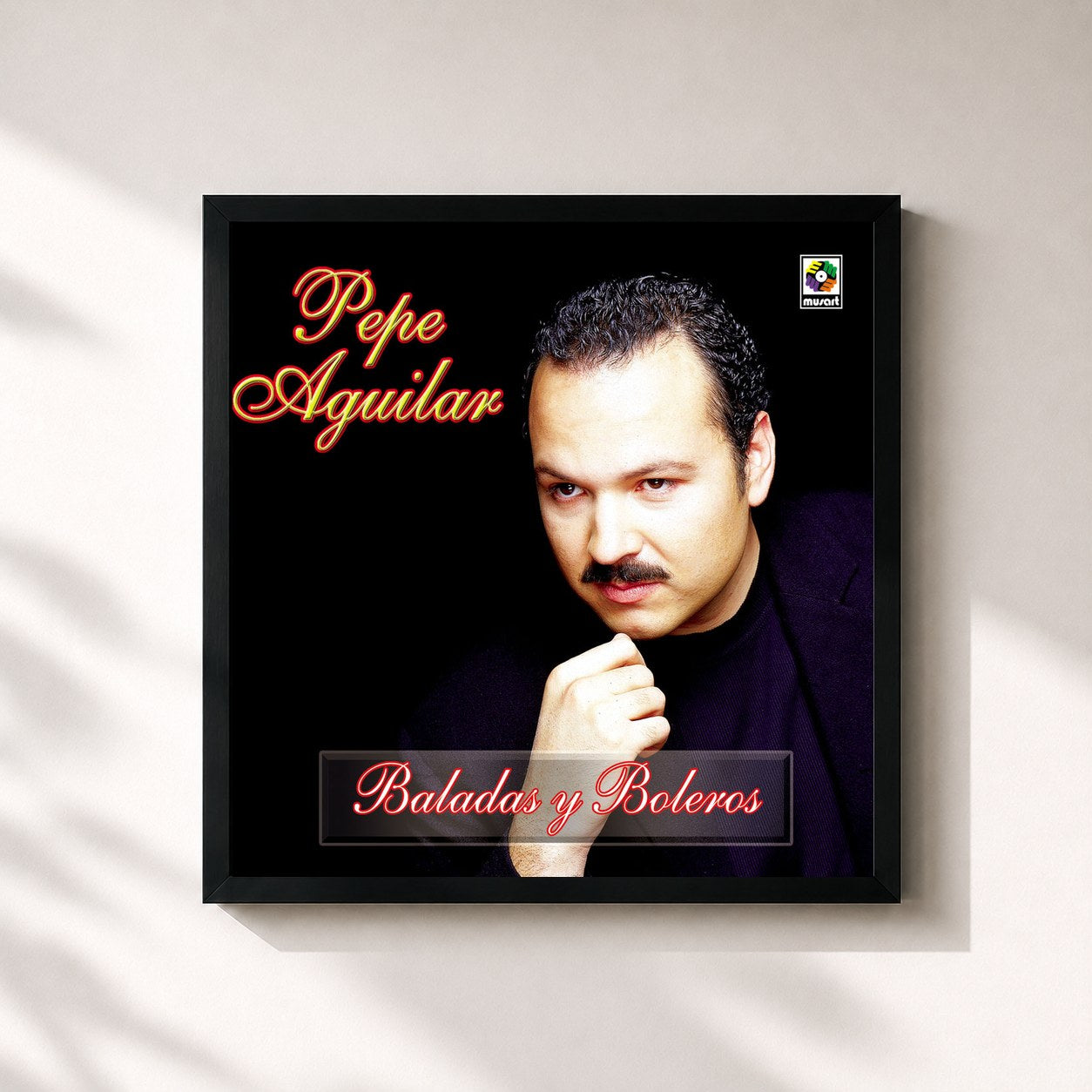 #noir Tableau carré de l'album Baladas Y Boleros de Pepe Aguilar, cadre noir 32x32 cm
