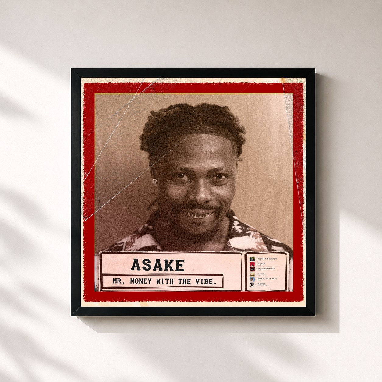 #noir Tableau carré de l'album Mr. Money With The Vibe de Asake, cadre noir 32x32 cm