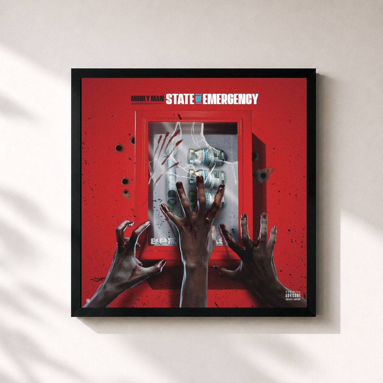 #noir Tableau carré de l'album State of Emergency de Money Man, cadre noir 32x32 cm