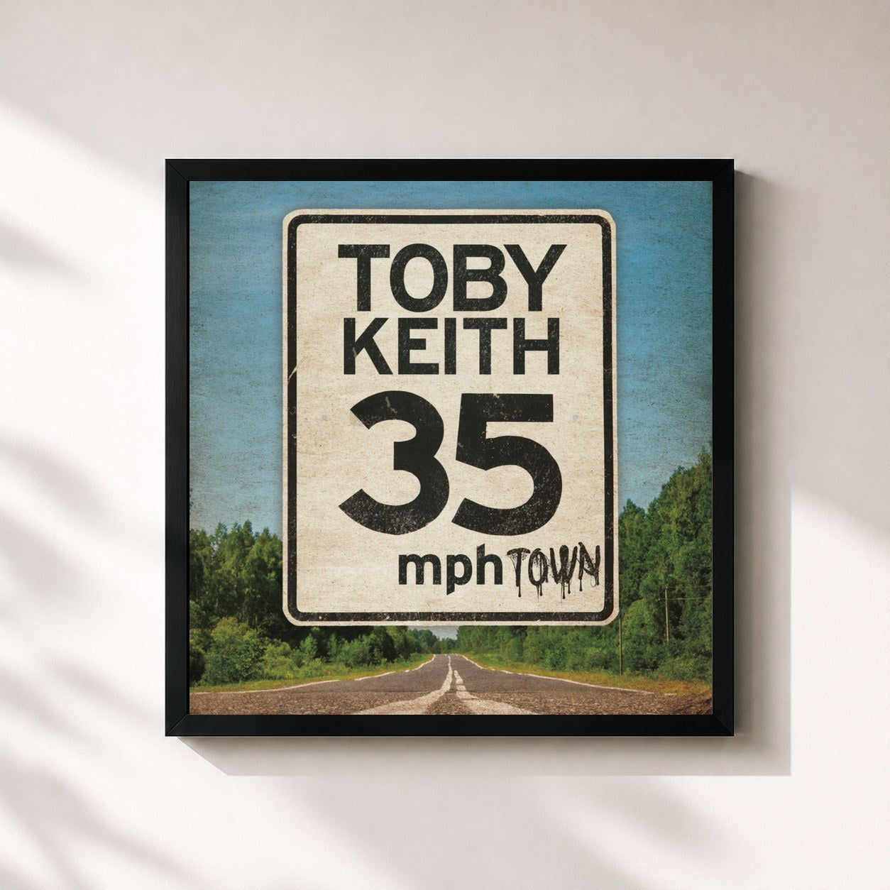 #noir Tableau carré de l'album 35 mph Town de Toby Keith, cadre noir 32x32 cm
