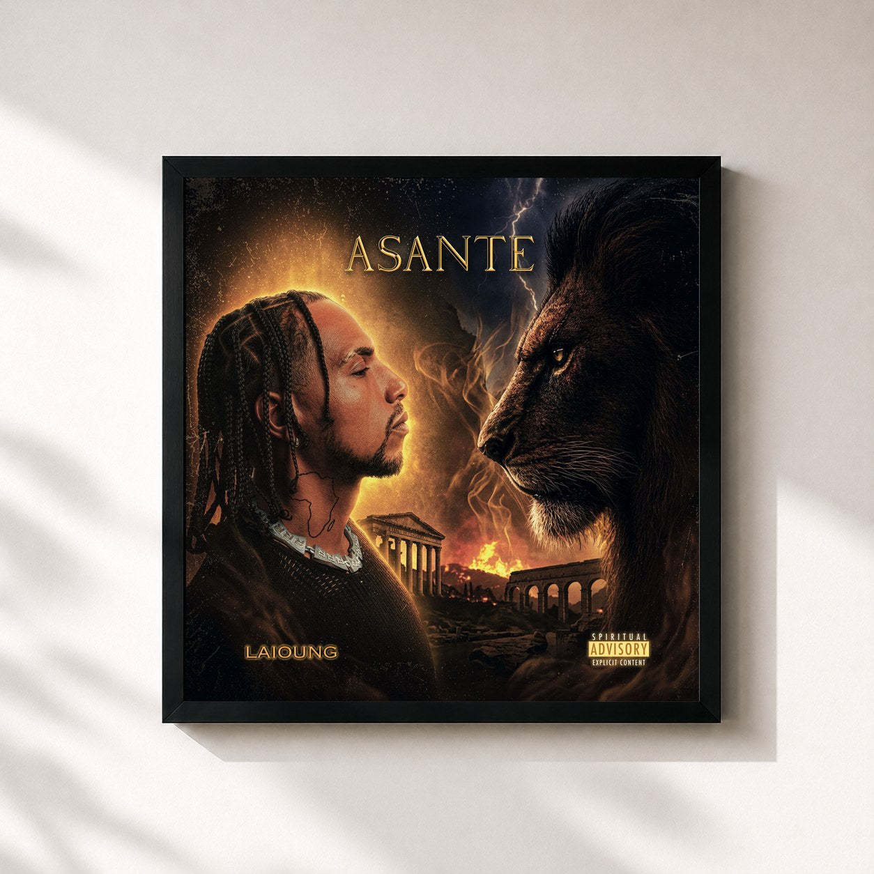 #noir Tableau carré de l'album ASANTE de Laïoung, cadre noir 32x32 cm