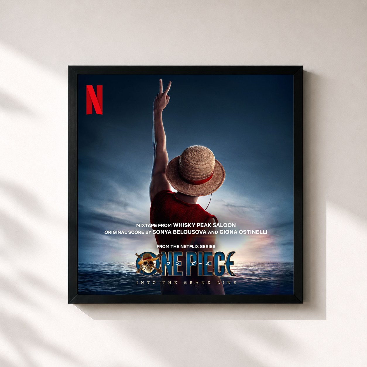 #noir Tableau carré de l'album Mixtape from Whisky Peak Saloon (from the Netflix Series "One Piece") de Sonya Belousova, cadre noir 32x32 cm